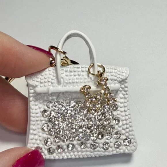 Fashion Jewelry Purse Keychain White Rhinestone Handbag Charm Bling Y2K Designer - Picture 3 of 9